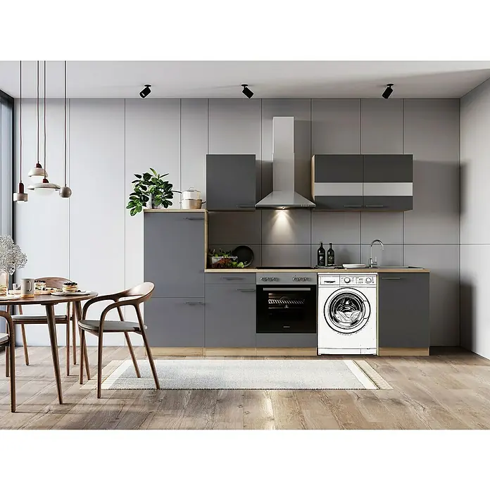 Respekta Küchenzeile Merle - Breite: 280 cm, Grau, Mit Elektrogeräten, Mit Waschmaschinennische - Moderne Küche in Grautönen mit Esstisch und integrierter Waschmaschine für stilvolles Wohnen.