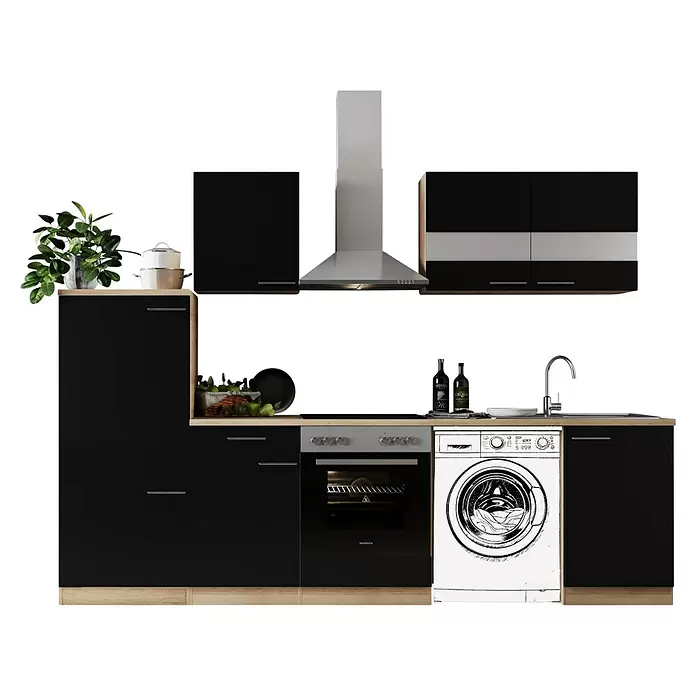 Respekta Küchenzeile Merle - Breite: 280 cm, Schwarz, Mit Elektrogeräten, Mit Waschmaschinennische - Moderne schwarze Küchenzeile mit Holzplatte, Edelstahlhaube, Backofen, Spüle und skizziertem Waschmaschine.