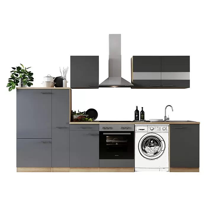 Respekta Küchenzeile Merle - Breite: 310 cm, Grau, Mit Elektrogeräten, Mit Waschmaschinennische - Moderne graue Küchenzeile mit heller Holzplatte, integrierten Geräten (Backofen, Waschmaschine, Spüle, Dunstabzug) und Oberschränken.