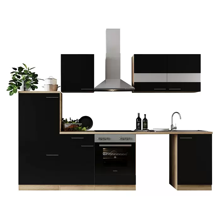 Respekta Küchenzeile Merle - Breite: 280 cm, Schwarz, Mit Elektrogeräten, Mit Waschmaschinennische - Moderne Küchenzeile mit schwarzen Schränken, hellen Holz-Arbeitsplatten und Edelstahlgeräten, inkl. Backofen, Kochfeld, Spüle, Dunstabzugshaube.