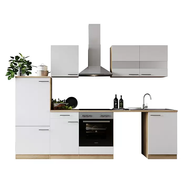 Respekta Küchenzeile Merle - Breite: 280 cm, Weiß, Mit Elektrogeräten, Mit Waschmaschinennische - Moderne weiße und Holz-Küchenzeile mit integriertem Backofen, Kochfeld, Spüle und Dunstabzugshaube.