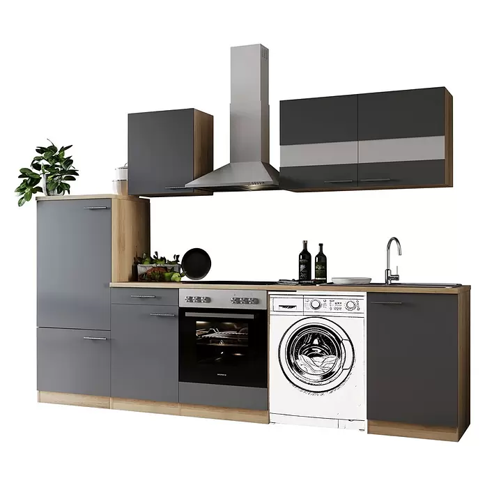 Respekta Küchenzeile Merle - Breite: 280 cm, Grau, Mit Elektrogeräten, Mit Waschmaschinennische - Moderne Küchenzeile in Grau und Holz mit Edelstahlgeräten, integrierter Waschmaschine, Backofen und Spüle.