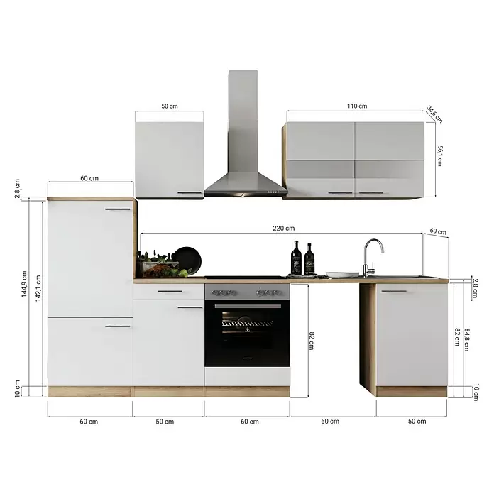 Respekta Küchenzeile Merle - Breite: 280 cm, Weiß, Mit Elektrogeräten, Mit Waschmaschinennische - Moderne weiße Küchenzeile mit Arbeitsplatte in Holzoptik, Einbaubackofen und Spüle, komplett mit Maßangaben.