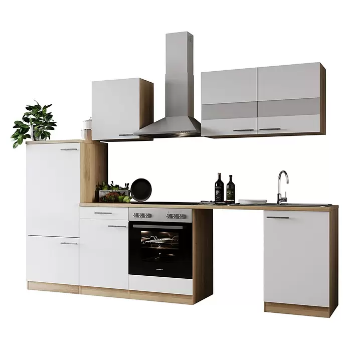 Respekta Küchenzeile Merle - Breite: 280 cm, Weiß, Mit Elektrogeräten, Mit Waschmaschinennische - Moderne Küchenzeile mit weißen und holzfarbenen Schränken, integriertem Backofen, Kochfeld, Spüle und Dunstabzugshaube, inklusive Dekoration.
