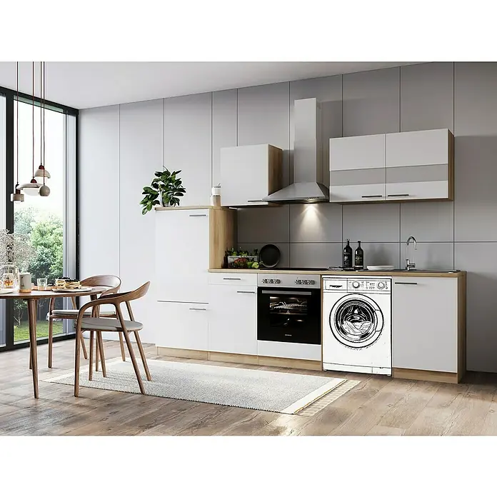 Respekta Küchenzeile Merle - Breite: 280 cm, Weiß, Mit Elektrogeräten, Mit Waschmaschinennische - Helles Küchendesign mit weißen Schränken, Holzakzenten und integrierter Waschmaschine für eine moderne Raumlösung.