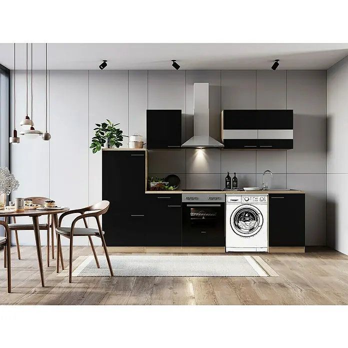 Respekta Küchenzeile Merle - Breite: 280 cm, Schwarz, Mit Elektrogeräten, Mit Waschmaschinennische - Eine moderne Küche in Schwarz-Weiß mit Holzakzenten, inklusive Esstisch und integrierter Waschmaschine. Elegantes Design für den modernen Haushalt.