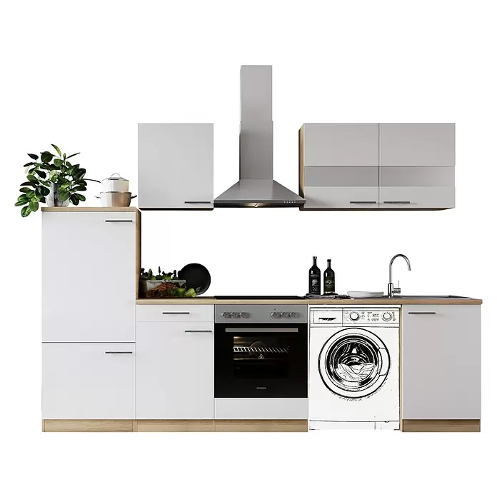 Respekta Küchenzeile Merle - Breite: 280 cm, Weiß, Mit Elektrogeräten, Mit Waschmaschinennische - Moderne Modulküche mit weißen Schränken, Holzplatte, integriertem Backofen, Spüle und Waschmaschine, zusammen mit einer Dunstabzugshaube.