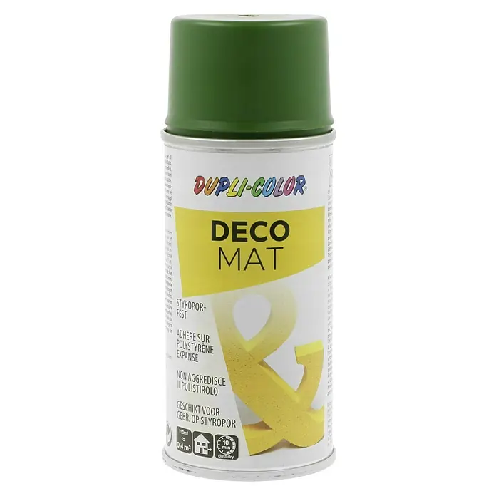 Dupli-Color Deco Mat Sprühlack RAL 6002 - Laubgrün, Matt, 150 ml - Dose Dupli-Color Deco Matt Sprühlack, geeignet für Styropor, mit grünem Deckel und gelb-weißem Etikett.
