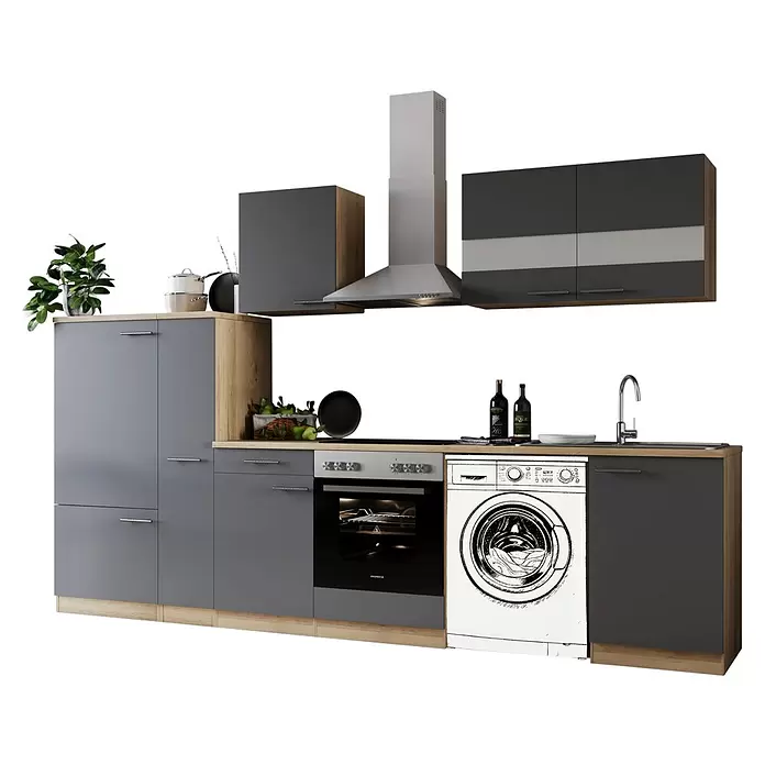 Respekta Küchenzeile Merle - Breite: 310 cm, Grau, Mit Elektrogeräten, Mit Waschmaschinennische - Moderne graue Küchenzeile mit Holzdetails, integriertem Backofen, Kochfeld, Spüle, Dunstabzugshaube und Skizzen-Waschmaschine.
