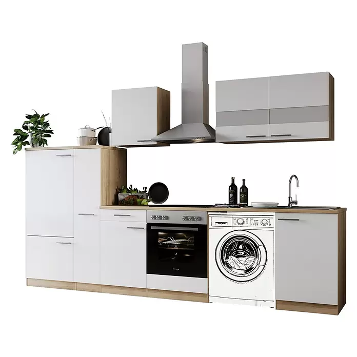 Respekta Küchenzeile Merle - Breite: 310 cm, Weiß, Mit Elektrogeräten, Mit Waschmaschinennische - Moderne Küchenzeile mit weißen und holzfarbenen Schränken, integriertem Backofen, Kochfeld, Spüle, Dunstabzugshaube und Waschmaschine.