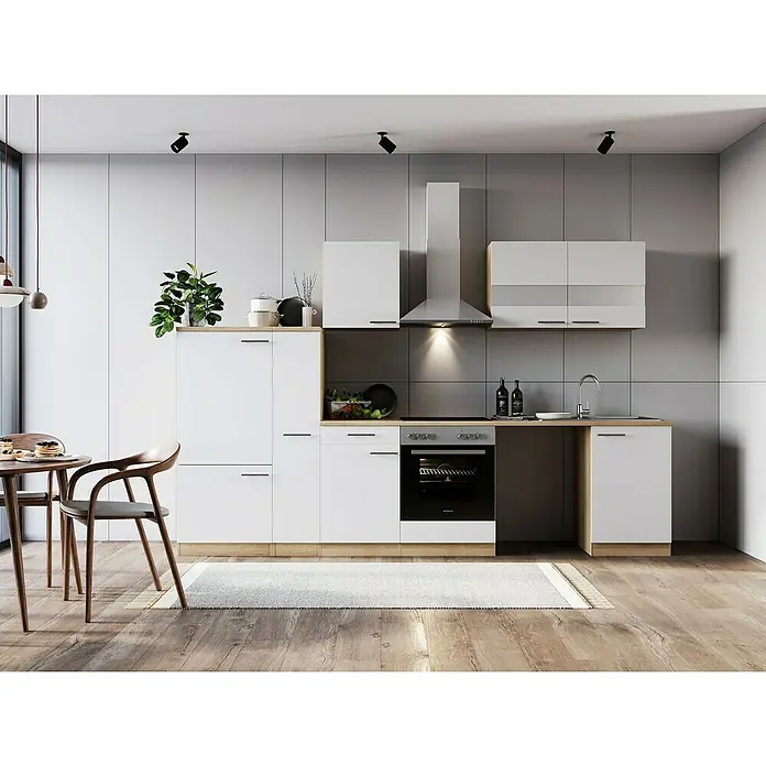 Respekta Küchenzeile Merle - Breite: 310 cm, Weiß, Mit Elektrogeräten, Mit Waschmaschinennische - Moderne Küche mit weißen Schränken, Holzdetails und Edelstahlgeräten. Die Küche wirkt hell und einladend.