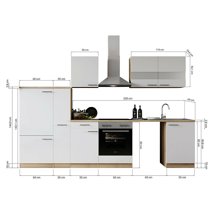 Respekta Küchenzeile Merle (Breite: 310 cm, Schwarz, Mit Elektrogeräten, Mit Waschmaschinennische) | BAUHAUS