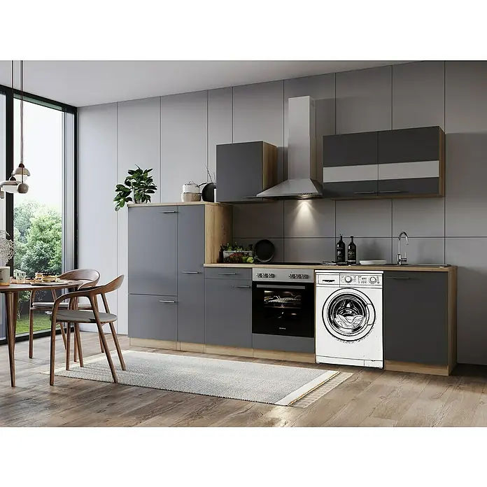 Respekta Küchenzeile Merle - Breite: 310 cm, Grau, Mit Elektrogeräten, Mit Waschmaschinennische - Eine moderne Küche in Grautönen mit Einbaugeräten und Holzelementen, die eine stilvolle und funktionale Atmosphäre schafft.