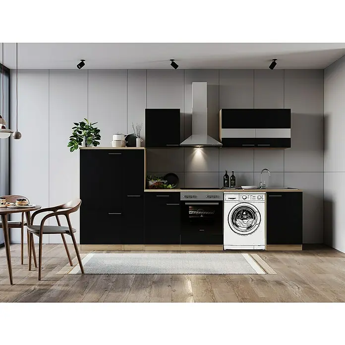 Respekta Küchenzeile Merle - Breite: 310 cm, Schwarz, Mit Elektrogeräten, Mit Waschmaschinennische - Küchenszene mit integrierter Waschmaschine. Schwarze Küchenschränke und helle Arbeitsplatte schaffen einen modernen Look.