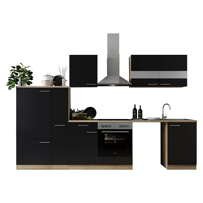 Respekta Küchenzeile Merle - Breite: 310 cm, Schwarz, Mit Elektrogeräten, Mit Waschmaschinennische - Moderne schwarze Küchenzeile mit Holz-Arbeitsplatten, integriertem Backofen, Kochfeld, Spüle und Dunstabzugshaube.