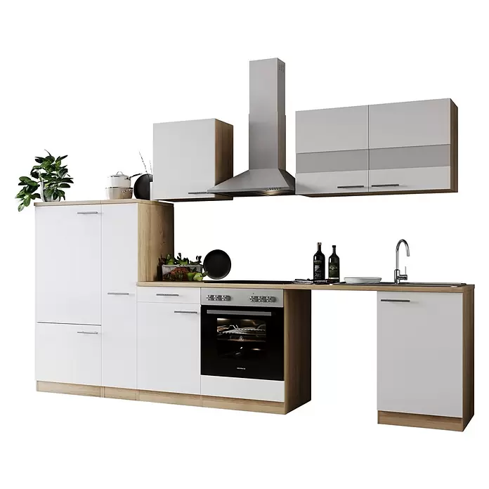 Respekta Küchenzeile Merle - Breite: 310 cm, Weiß, Mit Elektrogeräten, Mit Waschmaschinennische - Moderne Küchenzeile mit weißen Schränken, Holzoptik-Akzenten, integriertem Backofen, Spüle und Dunstabzugshaube.