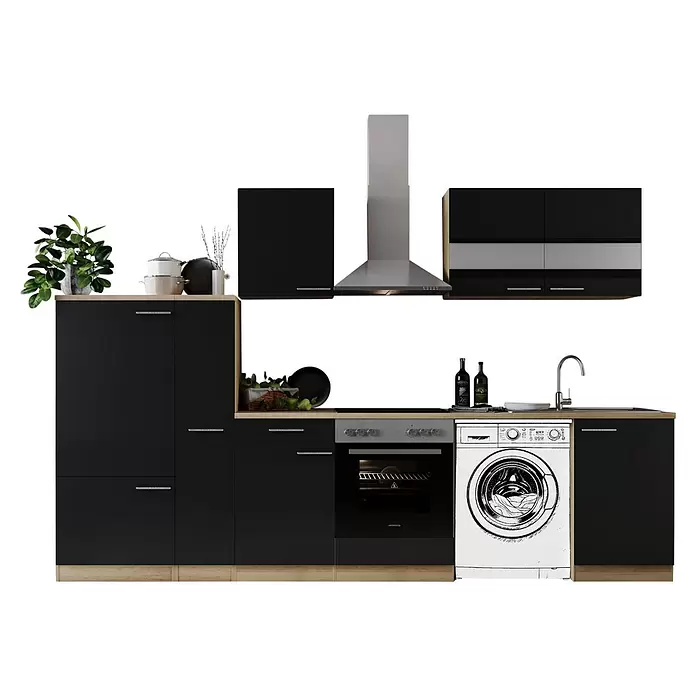 Respekta Küchenzeile Merle - Breite: 310 cm, Schwarz, Mit Elektrogeräten, Mit Waschmaschinennische - Moderne schwarze Küche in Holzoptik mit integriertem Backofen, Kochfeld, Spüle, Waschmaschine und Dunstabzugshaube.
