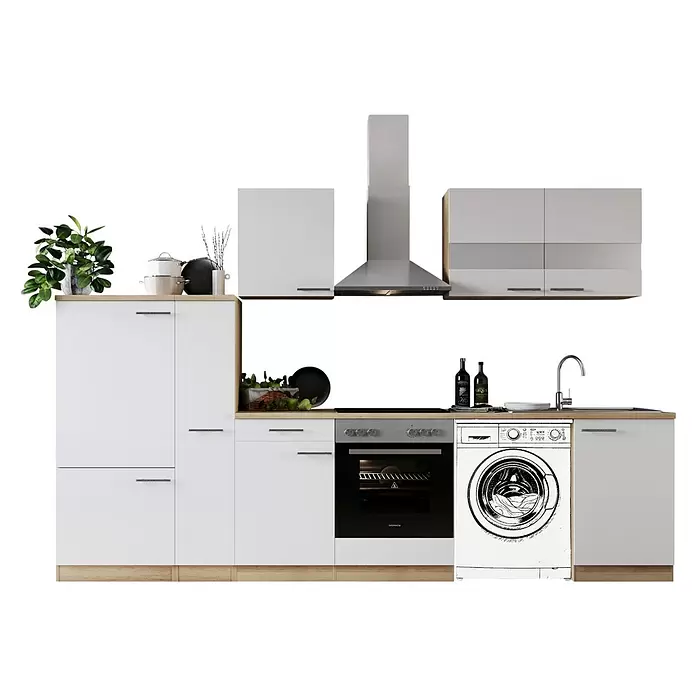Respekta Küchenzeile Merle - Breite: 310 cm, Weiß, Mit Elektrogeräten, Mit Waschmaschinennische - Moderne Küchenzeile mit weißen Schränken, Holzplatte, integriertem Backofen, Kochfeld, Spüle, Dunstabzugshaube und Waschmaschine.