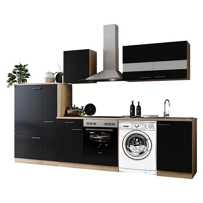Respekta Küchenzeile Merle - Breite: 310 cm, Schwarz, Mit Elektrogeräten, Mit Waschmaschinennische - Moderne schwarze und Holz-Küchenzeile mit Backofen, Kochfeld, Spüle und Waschmaschine. Verfügt über Ober- und Unterschränke.