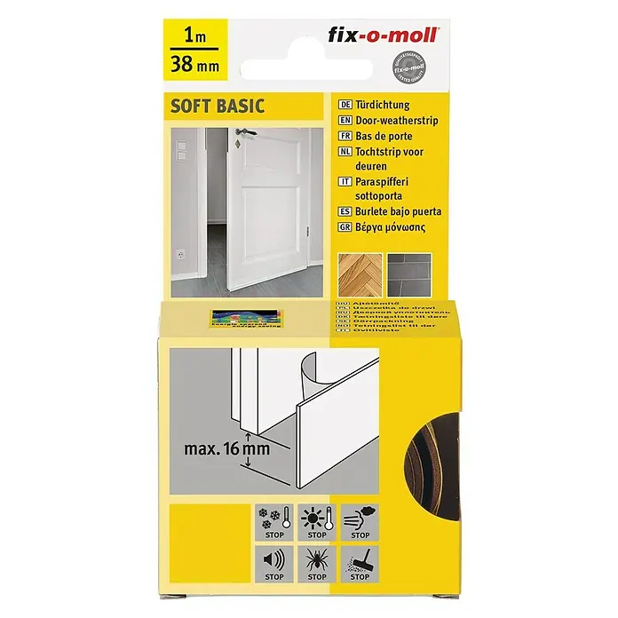 KÄLTESTOPP Türbodendichtung Soft Basic - Braun, 1 m x 38 mm, Spaltenbreiten bis 19 mm - Produktverpackung: Fix-o-moll SOFT BASIC Türdichtung, 1 m lang, 38 mm breit. Schützt vor Zugluft, Kälte und Lärm.