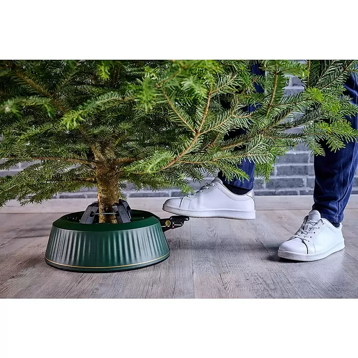 Krinner Christbaumständer X-260 - 36 x 11,5 cm, Kunststoff, Rund - Grüner Weihnachtsbaumständer mit Goldakzent, mit Fußpedal zum Befestigen eines Tannenbaums bedient.