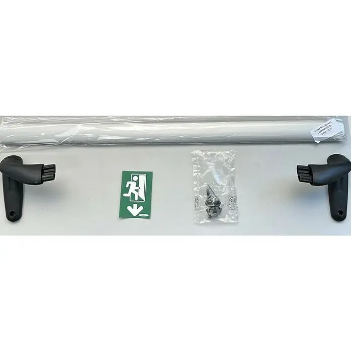 Novoferm Cerradura antipánico - 83 cm, Metal - La imagen muestra un juego de señalización para puertas Novoguard, que consta de una señal, manijas y accesorios de montaje.