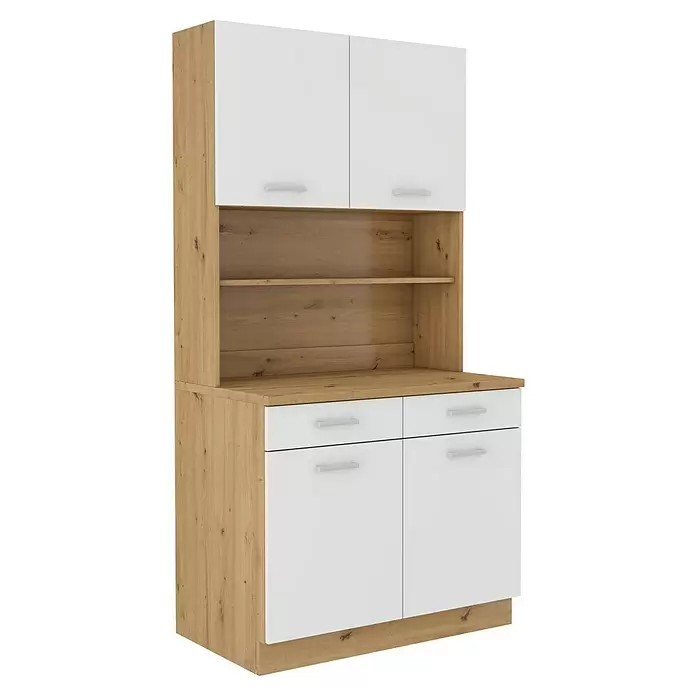 Stolarz-Lempert Buffetschrank Maria New - Breite: 100 cm, Weiß - Zweifarbiger Küchenbuffetschrank mit hellem Holzrahmen, weißen Oberschränken, offenen Regalen und weißen Unterschränken/Schubladen mit silbernen Griffen.