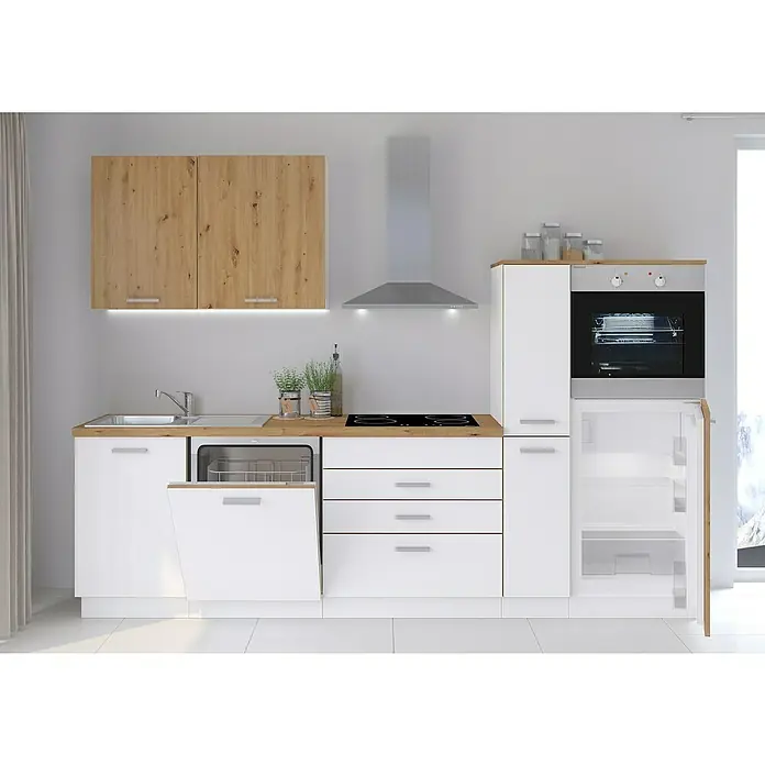 Stolarz-Lempert Küchenleerblock Blacky II - Breite: 280 cm, Weiß, Ohne Elektrogeräte - Moderne Küche mit weißen Schränken, hölzernen Arbeitsplatten und integrierten Geräten. Die Küche ist hell und funktional gestaltet.