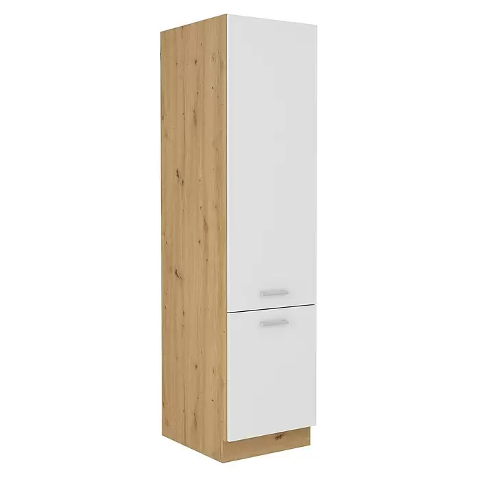 Stolarz-Lempert Hochschrank Maria New - 56,6 x 50 x 200 cm, Weiß - Hoher Schrank mit weißen Türen, heller Holzseite und Sockel. Zwei weiße Türen mit silbernen Griffen.
