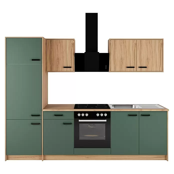 Stolarz-Lempert Küchenleerblock Retro - Breite: 264,5 cm, Grün, Ohne Elektrogeräte - Eine moderne Küchenzeile mit grünen Unterschränken, Hochschrank und hellen Holz-Oberschränken und Arbeitsplatte, inklusive Ofen, Kochfeld, Spüle und Dunstabzugshaube.