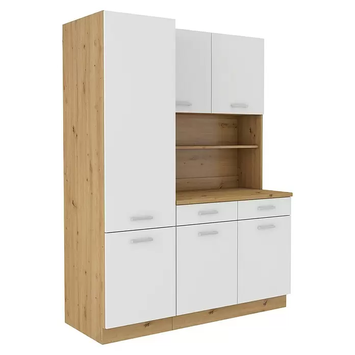 Stolarz-Lempert Buffetschrank Maria New - Breite: 100 cm, Weiß - Hoher weißer und hellholzfarbener Lagerschrank mit geschlossenen Fächern, Schubladen und offenen Regalen.