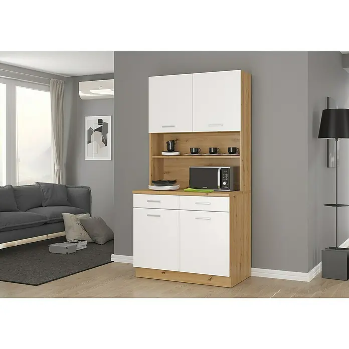 Stolarz-Lempert Buffetschrank Maria New - Breite: 100 cm, Weiß - Ein geräumiger Buffetschrank mit Holzrahmen und weißen Türen bietet viel Stauraum und eine integrierte Mikrowelle für eine moderne Küchenausstattung.