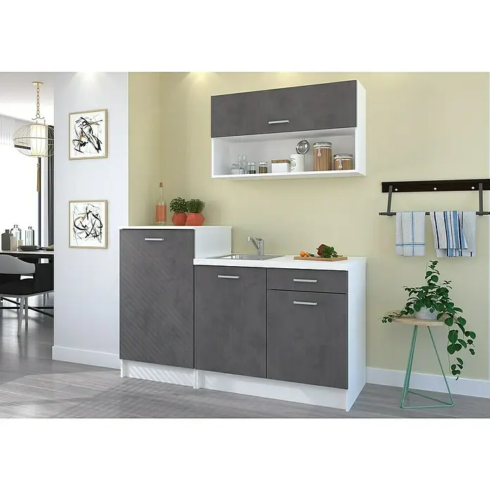 Stolarz-Lempert Küchenleerblock Smart - Breite: 160 cm, Grau, Ohne Elektrogeräte - Küchenzeile mit Spüle, Schränken und Hängeregal in Grau und Weiß für eine moderne Kücheneinrichtung.