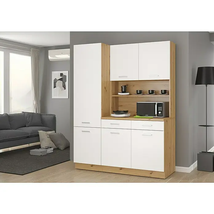 Stolarz-Lempert Buffetschrank Maria New - Breite: 100 cm, Weiß - Aufnahme eines modernen Buffetschrankes in Weiß und Holzoptik, der ein stilvolles und funktionales Möbelstück für Ess- oder Wohnbereiche darstellt.