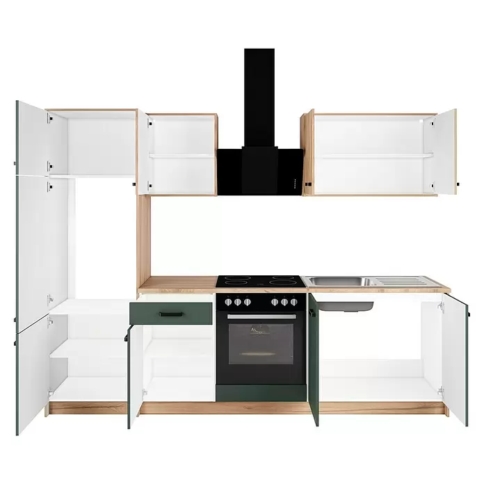 Stolarz-Lempert Küchenleerblock Retro - Breite: 264,5 cm, Grün, Ohne Elektrogeräte - Moderne Küchenzeile mit offenen weißen Schränken, dunkelgrüner Basis, Holzakzenten, schwarzen Geräten (Ofen, Kochfeld, Dunstabzug) und Edelstahlspüle.