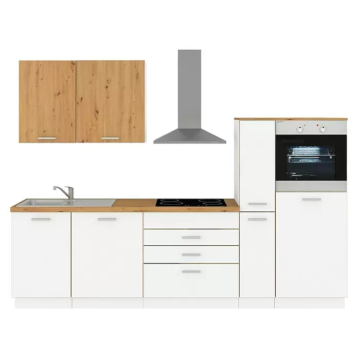 Stolarz-Lempert Küchenleerblock Blacky II - Breite: 280 cm, Weiß, Ohne Elektrogeräte - Moderne Küchenzeile mit weißen Schränken, Holzoptik-Arbeitsplatten und Oberschränken, integrierter Spüle, Kochfeld, Backofen und Dunstabzugshaube.