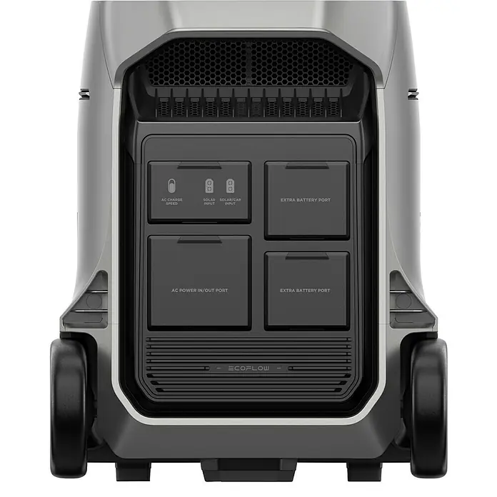 EcoFlow Powerstation Delta Pro 3 - 0% MwSt. - 4.096 Wh, Silber, Schwarz - Rückansicht des EcoFlow Power-Generators mit Anschlüssen für AC-Ladung, Solar, Batterieerweiterung und AC-Stromversorgung.
