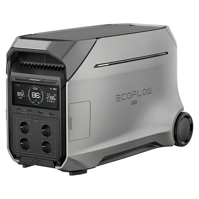 EcoFlow Powerstation Delta Pro 3 - 0% MwSt. - 4.096 Wh, Silber, Schwarz - Bild einer EcoFlow Pro Powerstation mit Display, Anschlüssen und Rädern.