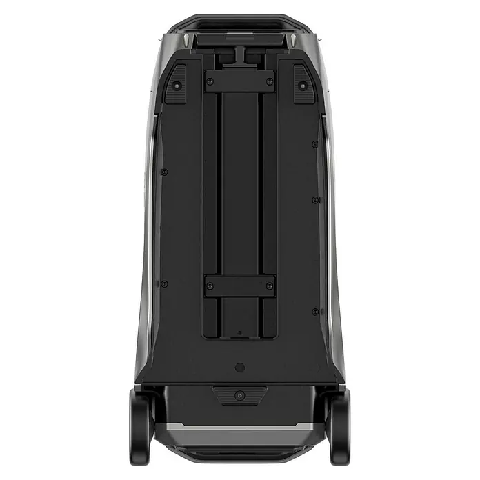 EcoFlow Powerstation Delta Pro 3 - 0% MwSt. - 4.096 Wh, Silber, Schwarz - Rückansicht eines grauen Staubsaugers mit sichtbaren Rädern und Befestigungen.
