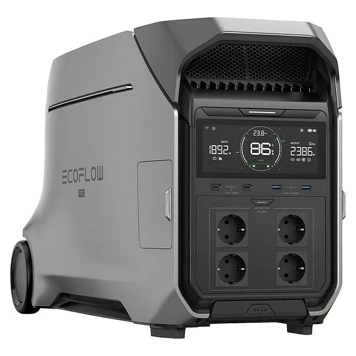 EcoFlow Estación de energía portátil solar Delta Pro 3 - 4.096 Wh, Plata - La estación de energía EcoFlow Pro cuenta con múltiples salidas, una pantalla y ruedas para facilitar el transporte, ofreciendo una alta potencia.
