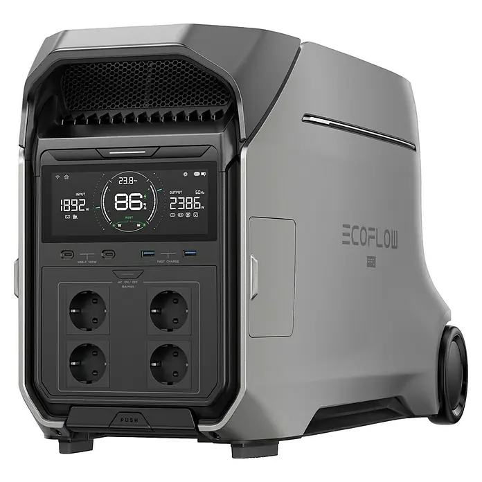EcoFlow Powerstation Delta Pro 3 - 0% MwSt. - 4.096 Wh, Silber, Schwarz - Silberner EcoFlow tragbarer Stromgenerator mit LCD-Display, Steckdosen und USB-Anschlüssen zur Stromversorgung unterwegs.