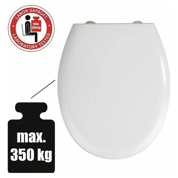 Camargue WC-Sitz Modena - Duroplast, Weiß, Mit Absenkautomatik - Bild eines weißen Toilettendeckels, der ein maximales Gewicht von 350 kg tragen kann, geprüft im Labor.