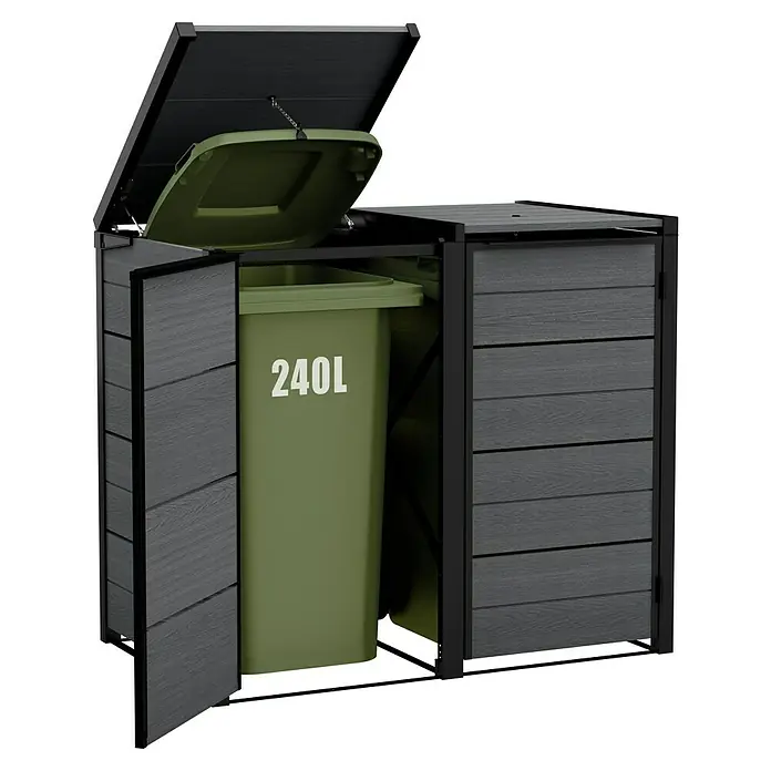 Keter Mülltonnenbox Hide Away - Kunststoff, Grau - Eine Mülltonnenbox mit einem geöffneten Deckel und einer grünen 240L Mülltonne darin. Sie schützt die Mülltonnen vor Witterungseinflüssen.