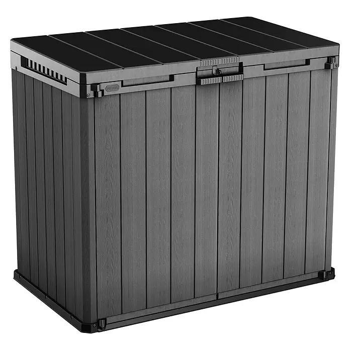 Keter Truhe Store it out Darwin - L x B x H: 80 x 140 x 118 cm, Grau, Kunststoff - Dunkelgrauer Outdoor-Lagerschrank aus Kunststoff in Holzoptik für Garten oder Terrasse.