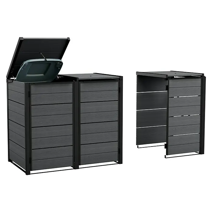 Keter Mülltonnenbox Hide Away + Erweiterung - 224,1 x 110 cm, Verbundwerkstoff, Grau, Geeignet für Anzahl Mülltonnen: 3 Stk. - Mülltonnenbox aus grauem Holz mit schwarzem Rahmen, ein Fach ist offen. Praktische und stilvolle Aufbewahrung für Mülltonnen im Außenbereich.