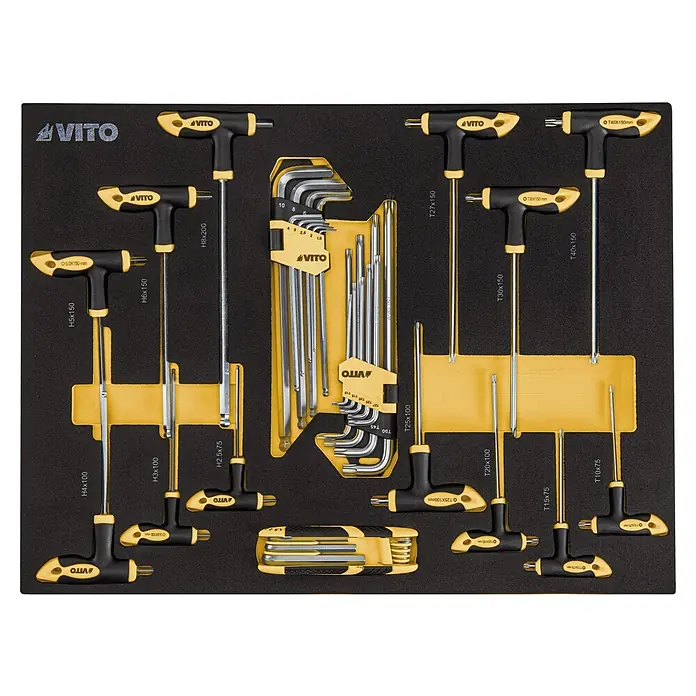 Vito Carro portaherramientas VITCF7G - 221 pzs., Número de cajones: 7 ud., Ruedas - Juego de herramientas Vito con varios destornilladores y llaves Allen, ideal para cualquier taller.