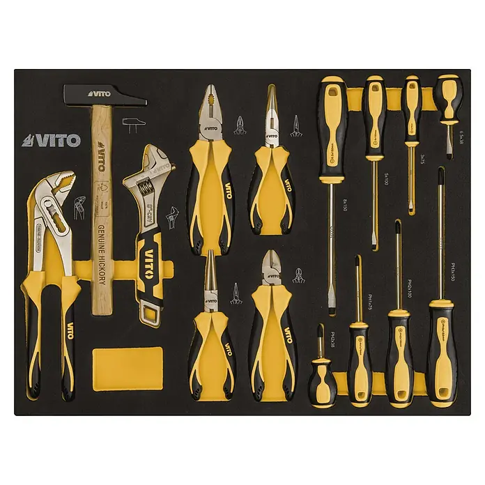 Vito Carro portaherramientas VITCF7G - 221 pzs., Número de cajones: 7 ud., Ruedas - Juego de herramientas VITO, que incluye martillo, llave inglesa, alicates y destornilladores en negro y amarillo, ideal para aficionados y profesionales.