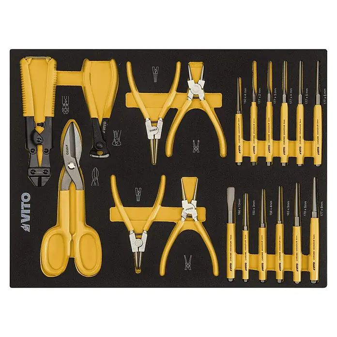 Vito Carro portaherramientas VITCF7G - 221 pzs., Número de cajones: 7 ud., Ruedas - Juego de herramientas Vito, mangos amarillos, disposición precisa en inserto de espuma negra, ideal para organización del taller.