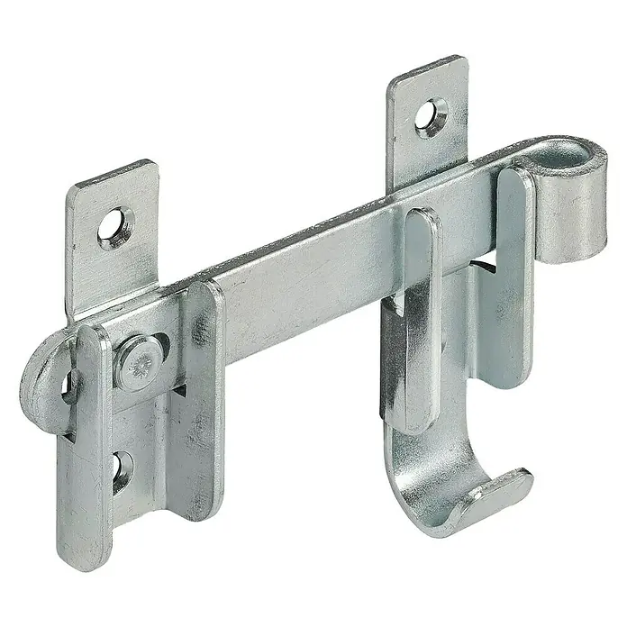 Stabilit Schlagladenüberwurf - B x H: 120 x 65 mm, Verzinkt - Ein silberfarbener Überwurfriegel für Tore, robust und langlebig für den Außenbereich, mit Befestigungslöchern.