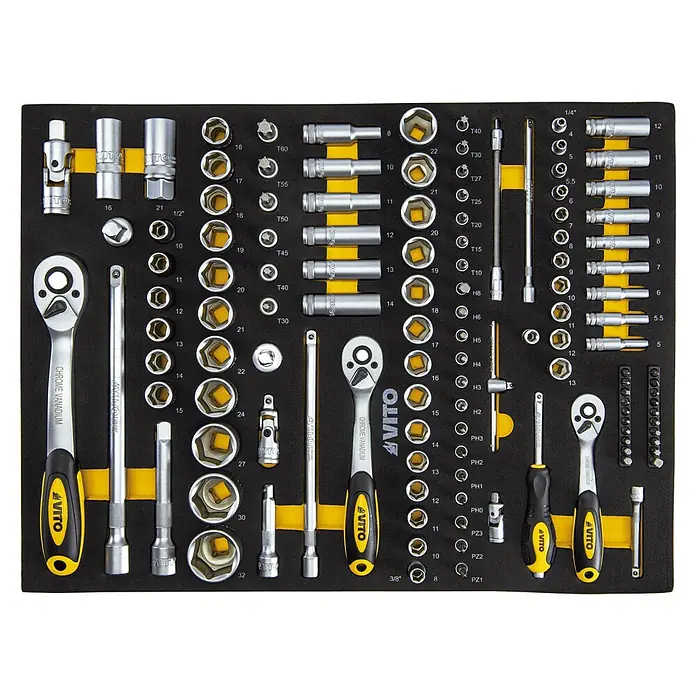 Vito Carro portaherramientas VITCF7G - 221 pzs., Número de cajones: 7 ud., Ruedas - Un completo juego de herramientas VITO, con vasos, llaves y puntas, perfectamente organizado en una caja de herramientas negra.